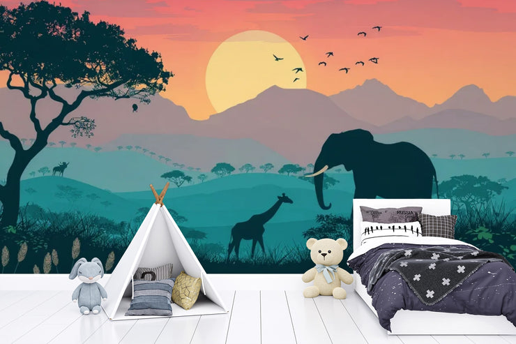 Savanna Sunset Wall Mural. Safari Elephant Wallpaper. African Landscape Peel and Stick - Wallmotif.com
