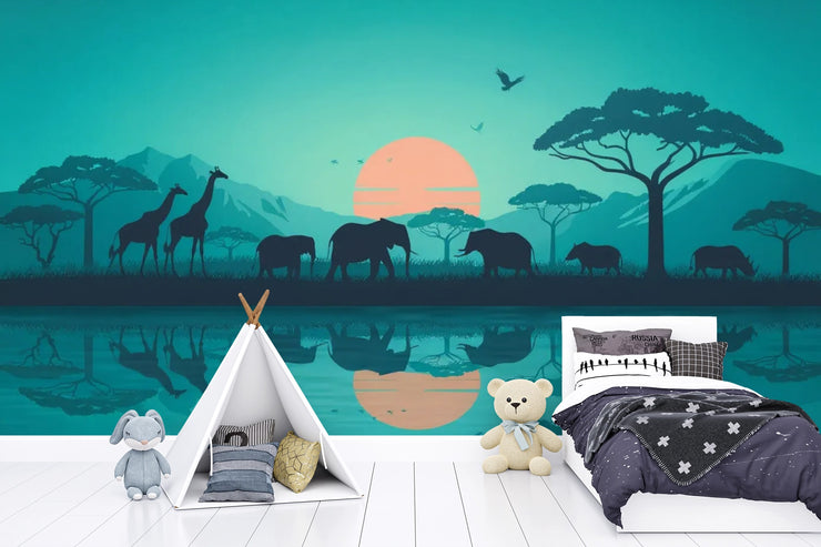 African Savanna Sunset Wall Mural Safari Animals Wallpaper - Wallmotif.com