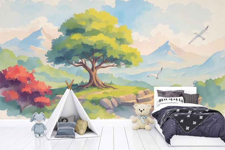 Magical Forest Mountain Nursery Wallpaper - Watercolor Mural for Kids Room Decor - Wallmotif.com