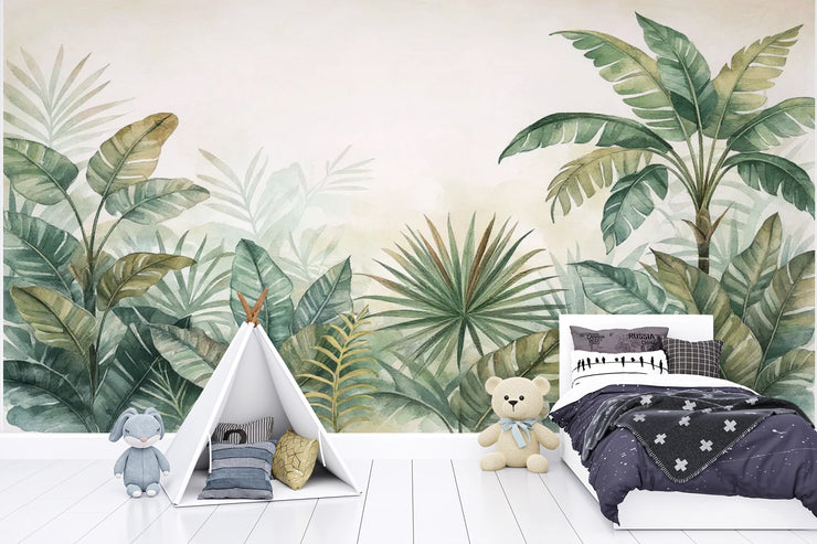 Watercolor Jungle Mural, Tropical Botanical Wallpaper, Palm Leaf Nursery Decor - Wallmotif.com