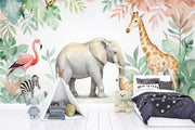 Safari Animals Nursery Wall Mural - Cute Jungle Friends Wallpaper for Kids Room - Wallmotif.com