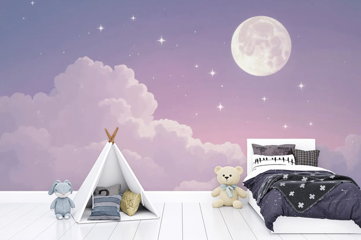 Dreamy Moon Stars Wall Mural Celestial Cloud Wallpaper Purple Sky Decor - Wallmotif.com