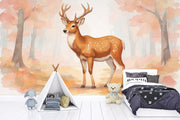 Watercolor Deer Forest Wallpaper Mural Blush Orange Tones - Wallmotif.com