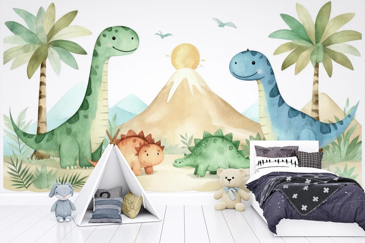 Watercolor Dinosaur Nursery Wallpaper - Friendly Dino Land Wallpaper - Wallmotif.com