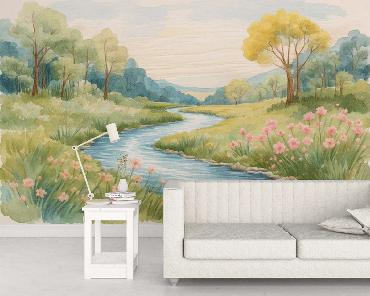 Watercolor River Valley Mural Wallpaper - Meadow Landscape