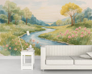 Watercolor River Valley Mural Wallpaper - Meadow Landscape - Wallmotif.com