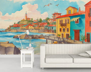 Vibrant Mediterranean Coastal Town Watercolor Mural Wallpaper - Wallmotif.com