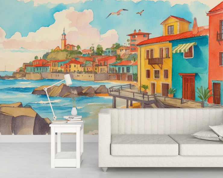 Vibrant Mediterranean Coastal Town Watercolor Mural Wallpaper - Wallmotif.com