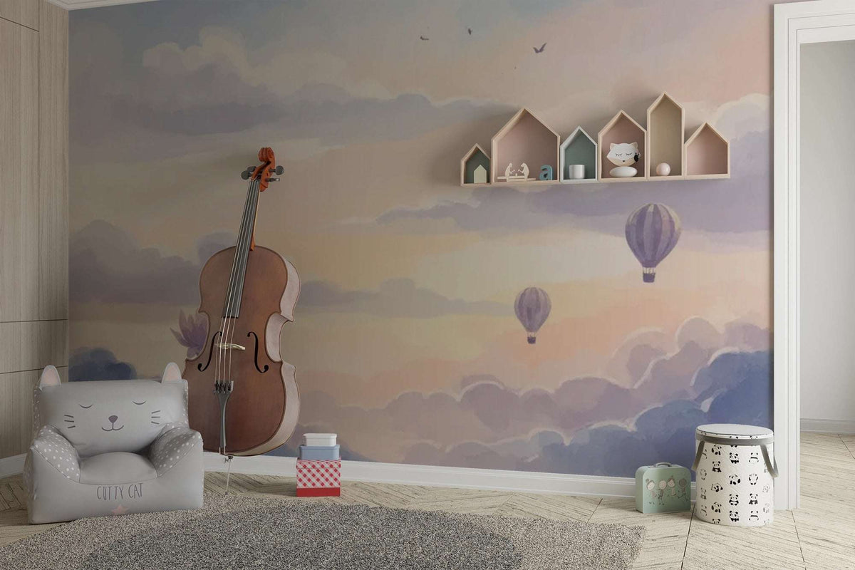 Watercolor Sky Wall Mural for Kids Room - Dreamy Cloud & Hot Air Balloon Wallpaper