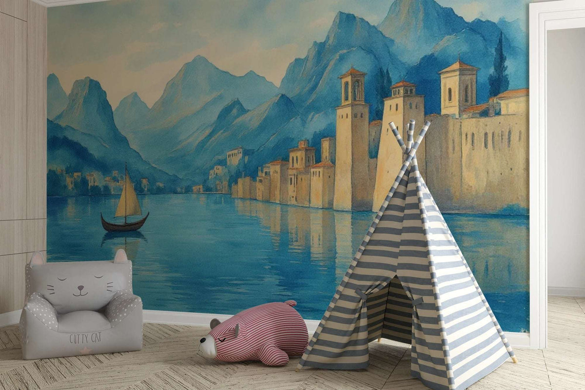 Watercolor Coastal City & Mountain Wall Mural - European Scenery Kids Room Decor