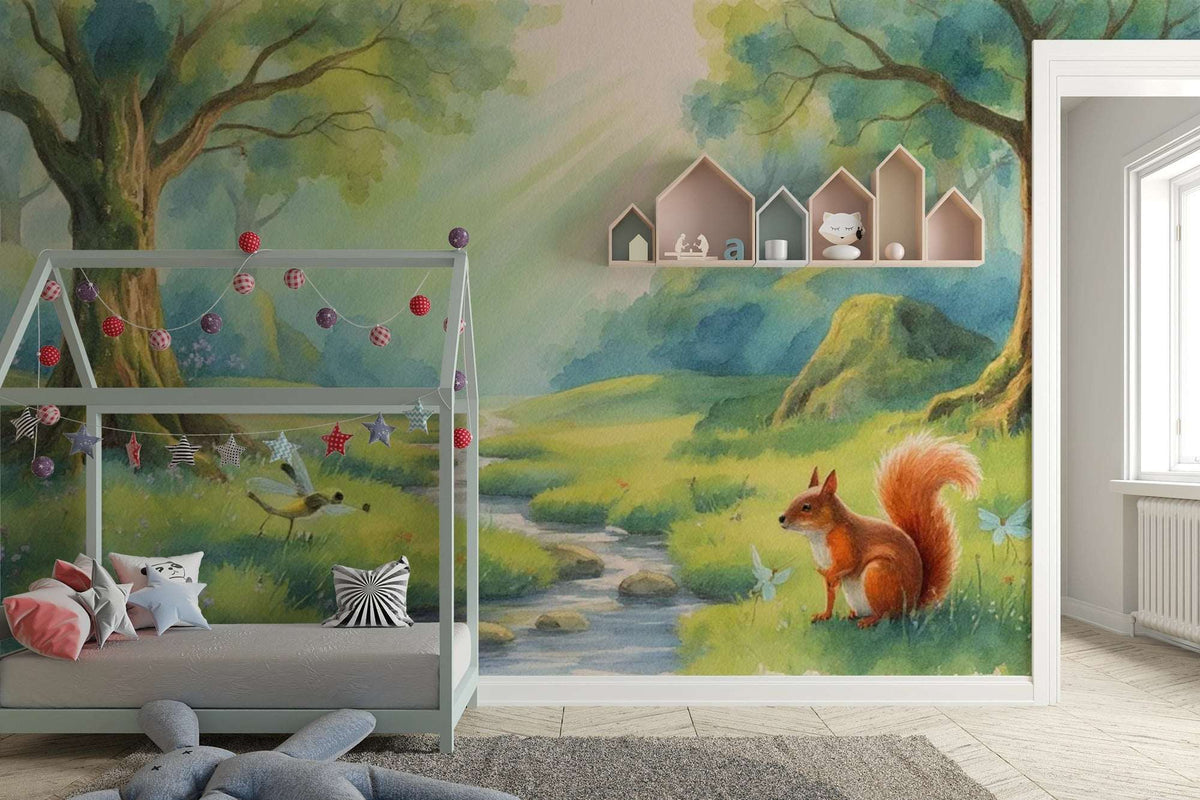 Enchanted Forest Squirrel Wallpaper Watercolor Animals Wall Mural