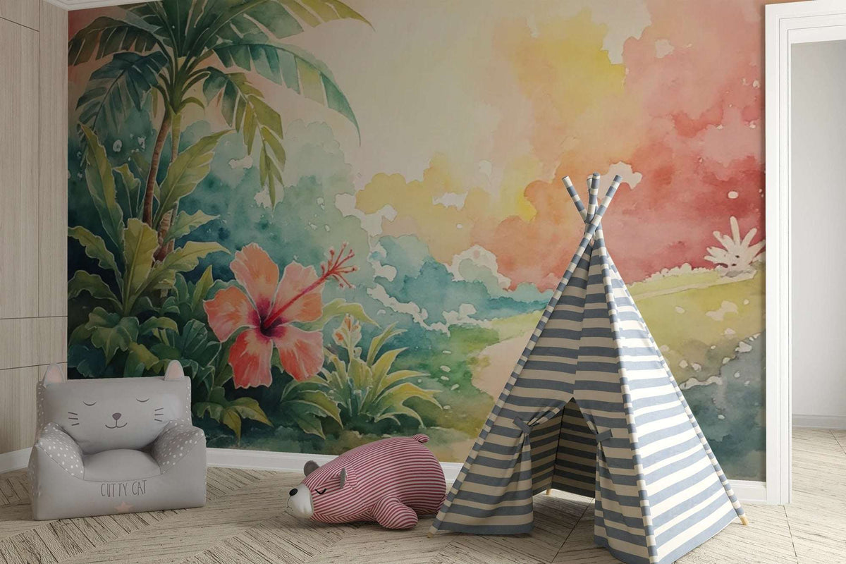 Jungle Dream Watercolor Mural Wallpaper - Adventure Awaits Nursery Wall Mural