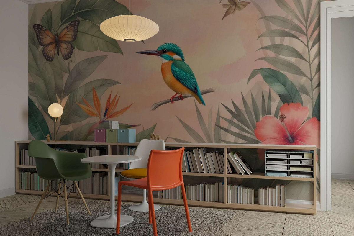 Serene Kingfisher & Tropical Leaf Wall Mural