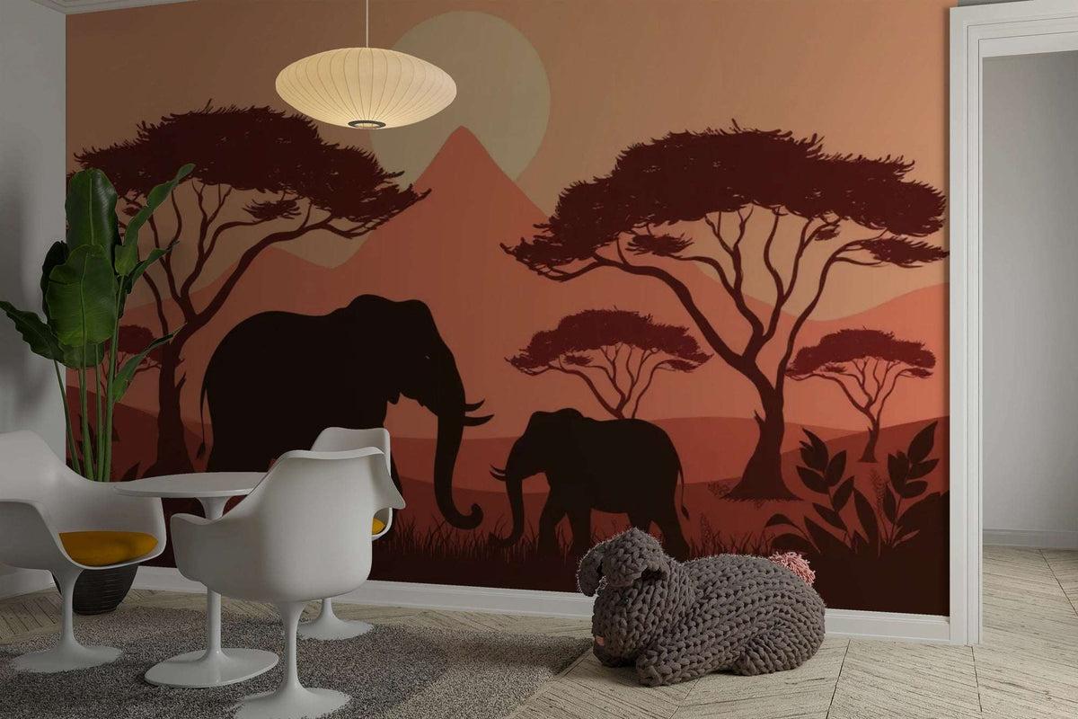 African Sunset Elephant Mural Wallpaper