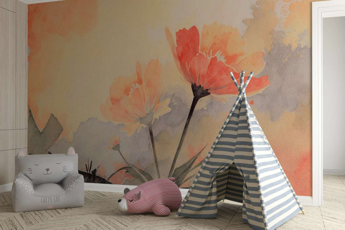 Watercolor Floral Wall Mural – Peach Orange Flower Peel and Stick Wallpaper