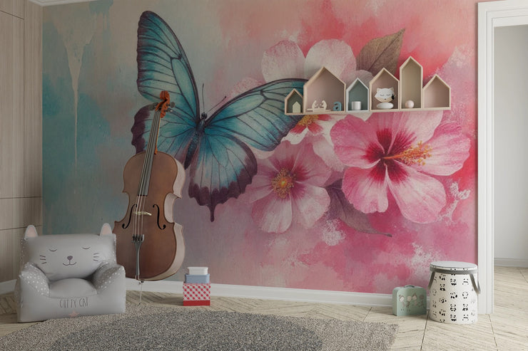 Giant Butterfly Wall Mural - Watercolor Butterfly & Flowers Wallpaper - Wallmotif.com