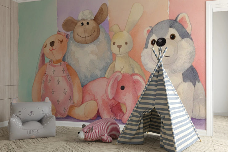 Cuddly Plush Friends Wall Mural - Watercolor Wallpaper for Nursery & Baby Room Decor - Wallmotif.com
