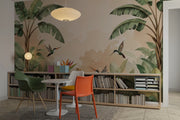 Serene Hummingbird Wallpaper Tropical Leaf Wall Mural - Wallmotif.com