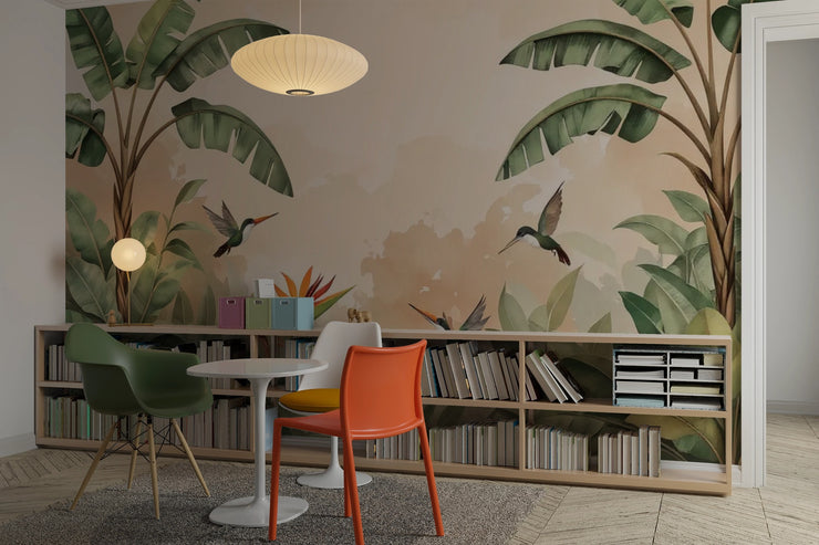 Serene Hummingbird Wallpaper Tropical Leaf Wall Mural - Wallmotif.com
