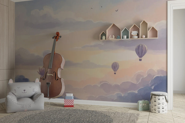 Watercolor Sky Wall Mural for Kids Room - Dreamy Cloud & Hot Air Balloon Wallpaper - Wallmotif.com