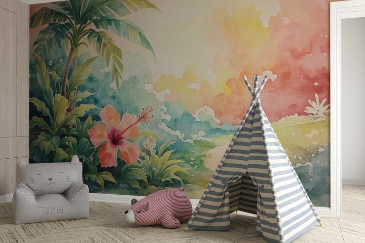 Jungle Dream Watercolor Mural Wallpaper - Adventure Awaits Nursery Wall Mural - Wallmotif.com