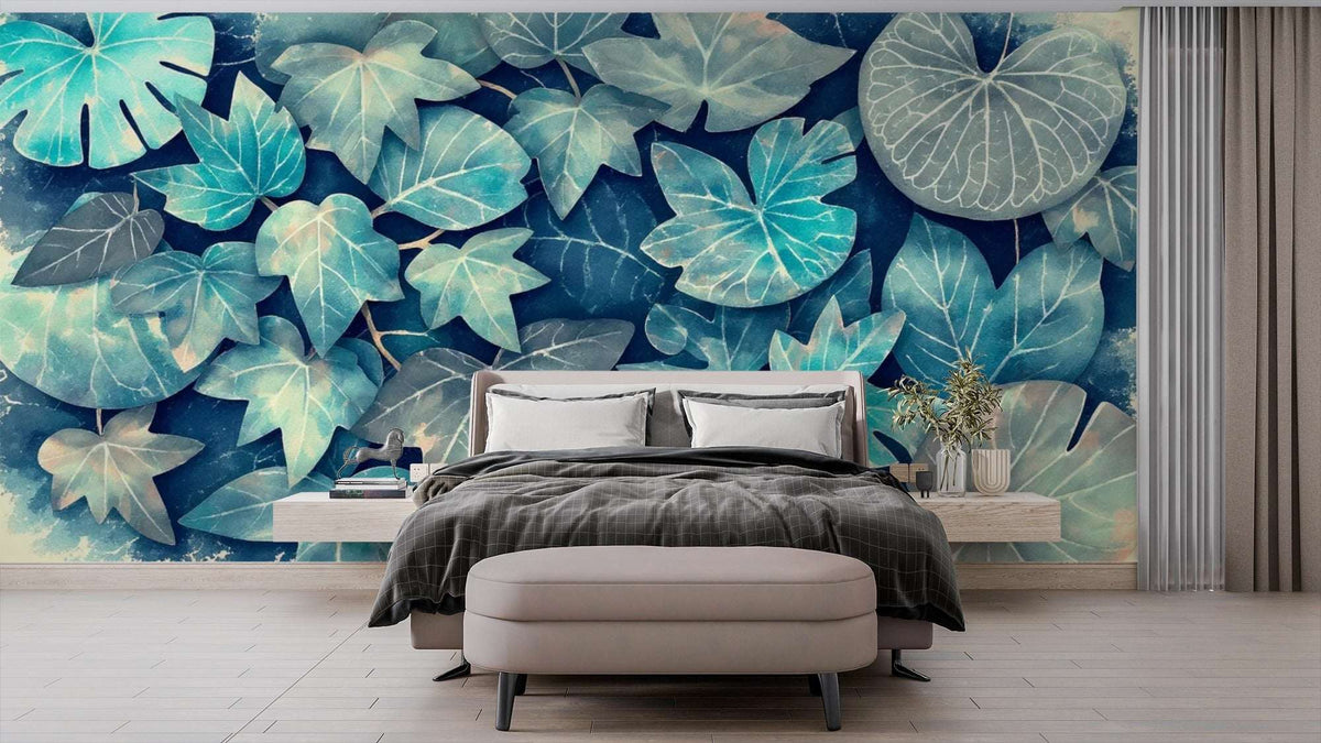 Moody Indigo & Teal Botanical Leaf Wall Mural - Abstract Art Wallpaper for Accent Wall