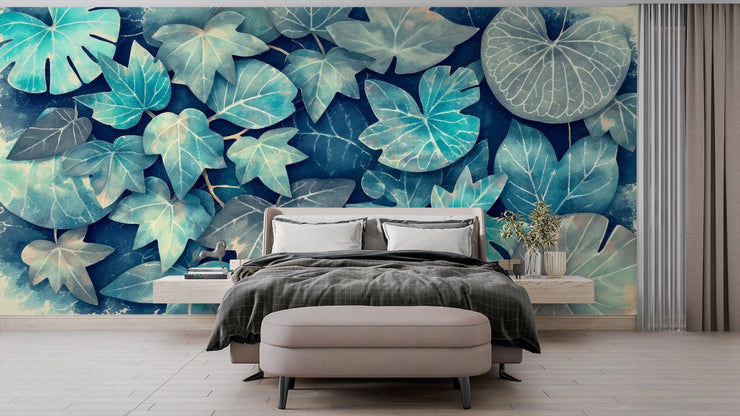 Moody Indigo & Teal Botanical Leaf Wall Mural - Abstract Art Wallpaper for Accent Wall - Wallmotif.com