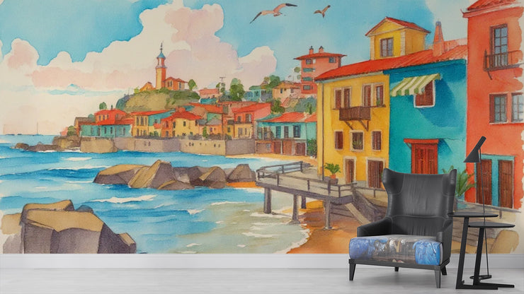 Vibrant Mediterranean Coastal Town Watercolor Mural Wallpaper - Wallmotif.com