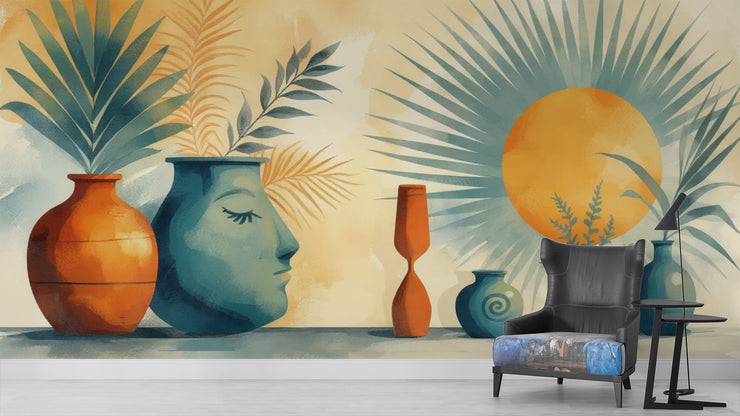 Abstract Bohemian Wall Mural - Serene Face & Sun Art Wallpaper - Wallmotif.com