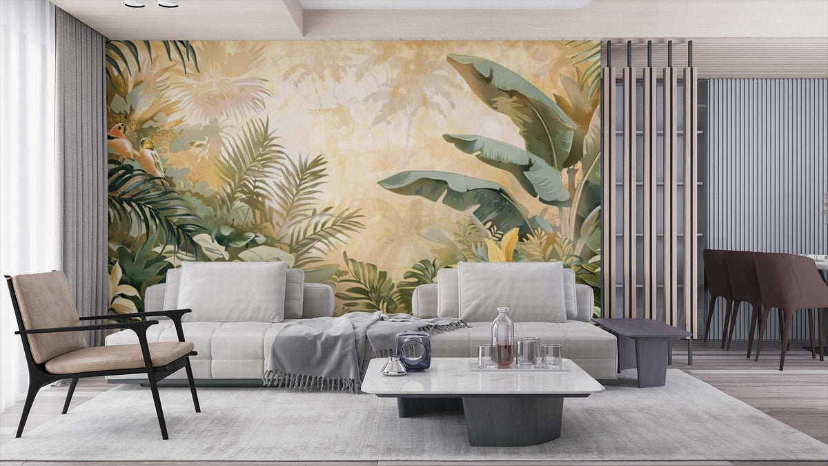 Tropical Jungle Wall Mural - Birds and Tropical Leaves Mural