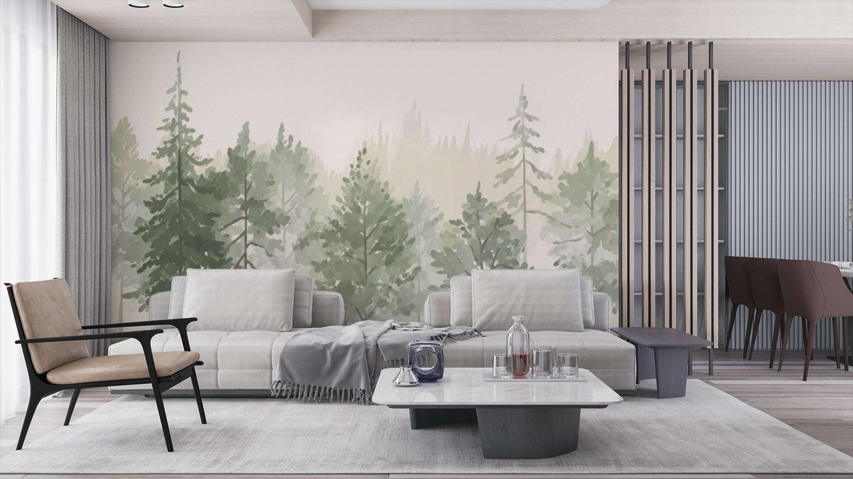 Watercolor Forest Mural Wallpaper - Pine Tree Landscape
