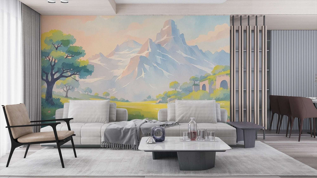 Pastel Mountain Landscape Wall Mural - Watercolor Alpine Scenery Wallpaper