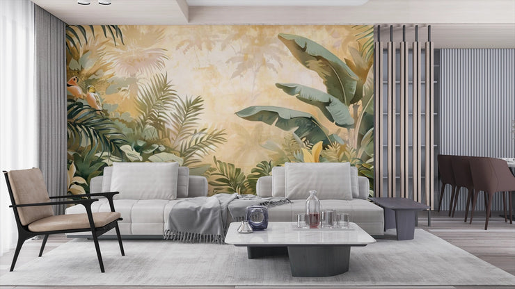 Tropical Jungle Wall Mural - Birds and Tropical Leaves Mural - Wallmotif.com