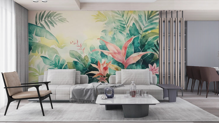 Tropical Watercolor Jungle Wall Mural - Floral & Leaf Wallpaper - Wallmotif.com