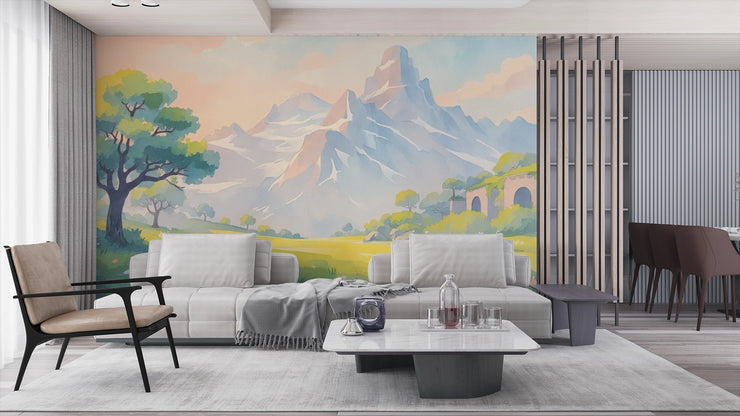 Pastel Mountain Landscape Wall Mural - Watercolor Alpine Scenery Wallpaper - Wallmotif.com