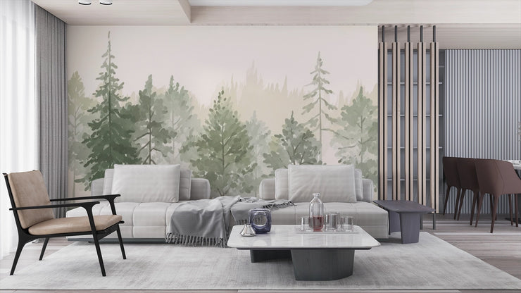 Watercolor Forest Mural Wallpaper - Pine Tree Landscape - Wallmotif.com