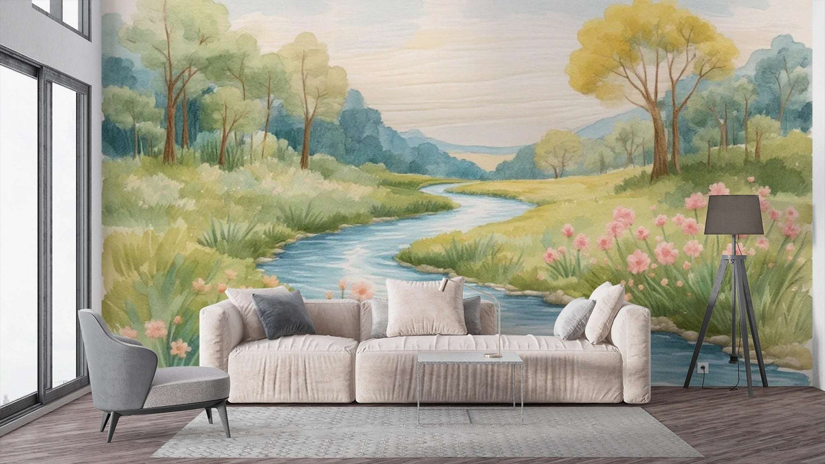 Watercolor River Valley Mural Wallpaper - Meadow Landscape