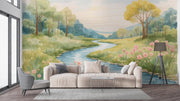 Watercolor River Valley Mural Wallpaper - Meadow Landscape - Wallmotif.com