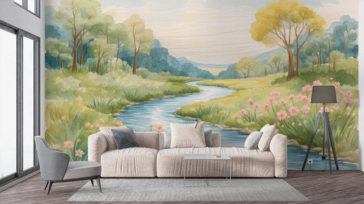 Watercolor River Valley Mural Wallpaper - Meadow Landscape - Wallmotif.com