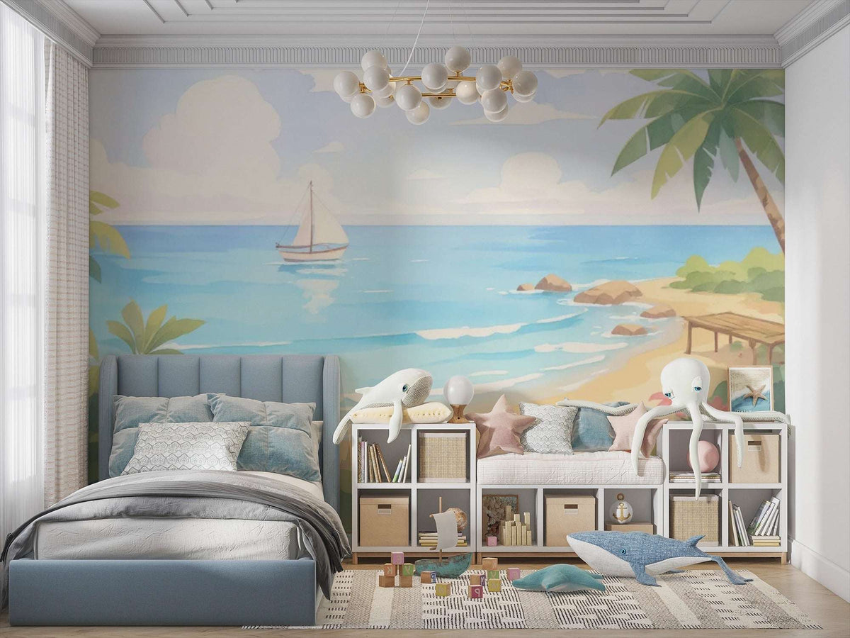 Watercolor Beach & Ocean Wall Mural for Kids Room - Dreamy Seascape Nursery Wallpaper
