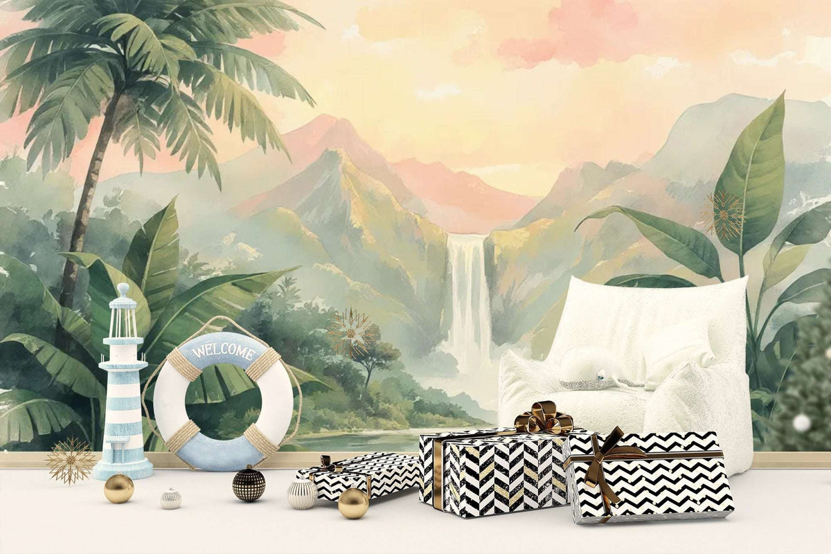 Tropical Paradise Wall Mural for Kids Room - Watercolor Jungle & Waterfall Wallpaper