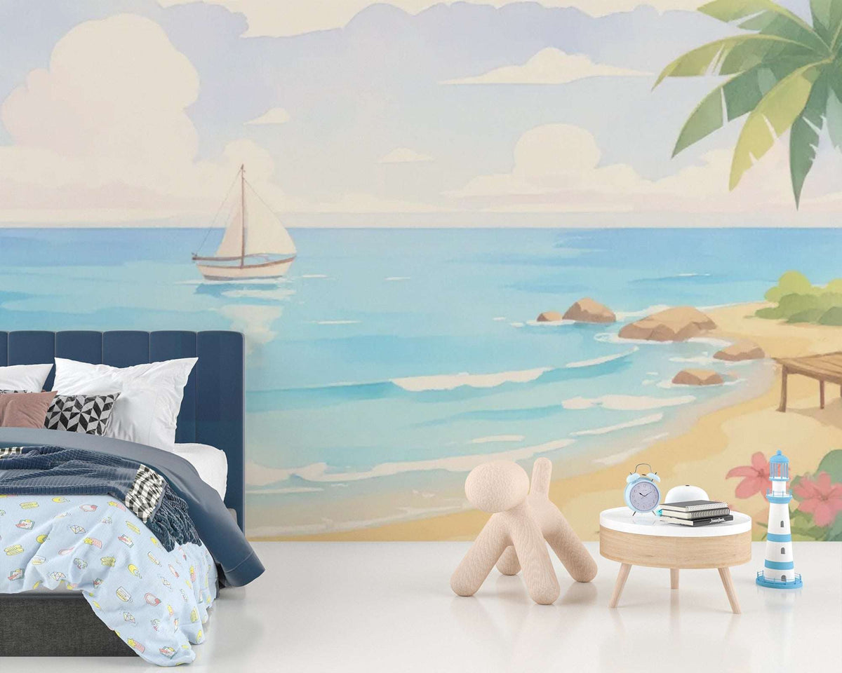 Watercolor Beach & Ocean Wall Mural for Kids Room - Dreamy Seascape Nursery Wallpaper