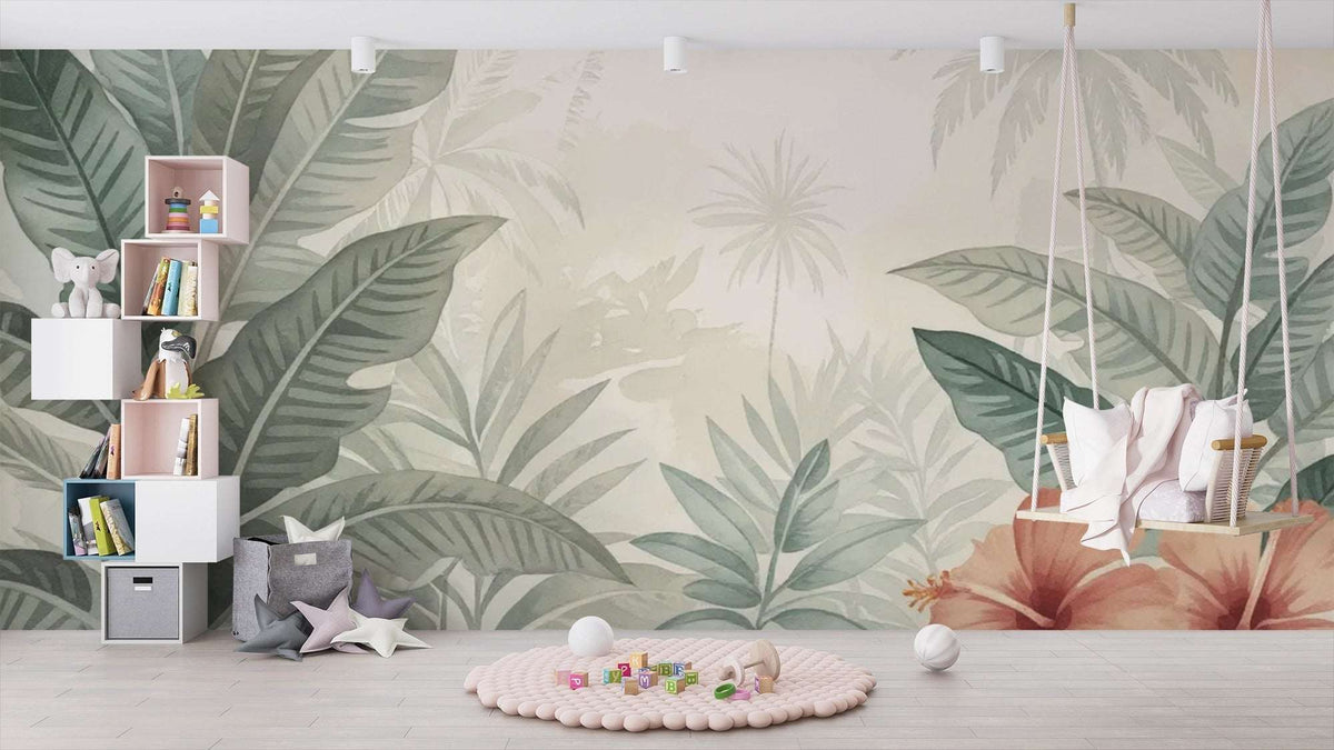 Tropical Leaves Wallpaper, Jungle Nursery Mural, Botanical Palm Leaf Wall Decal