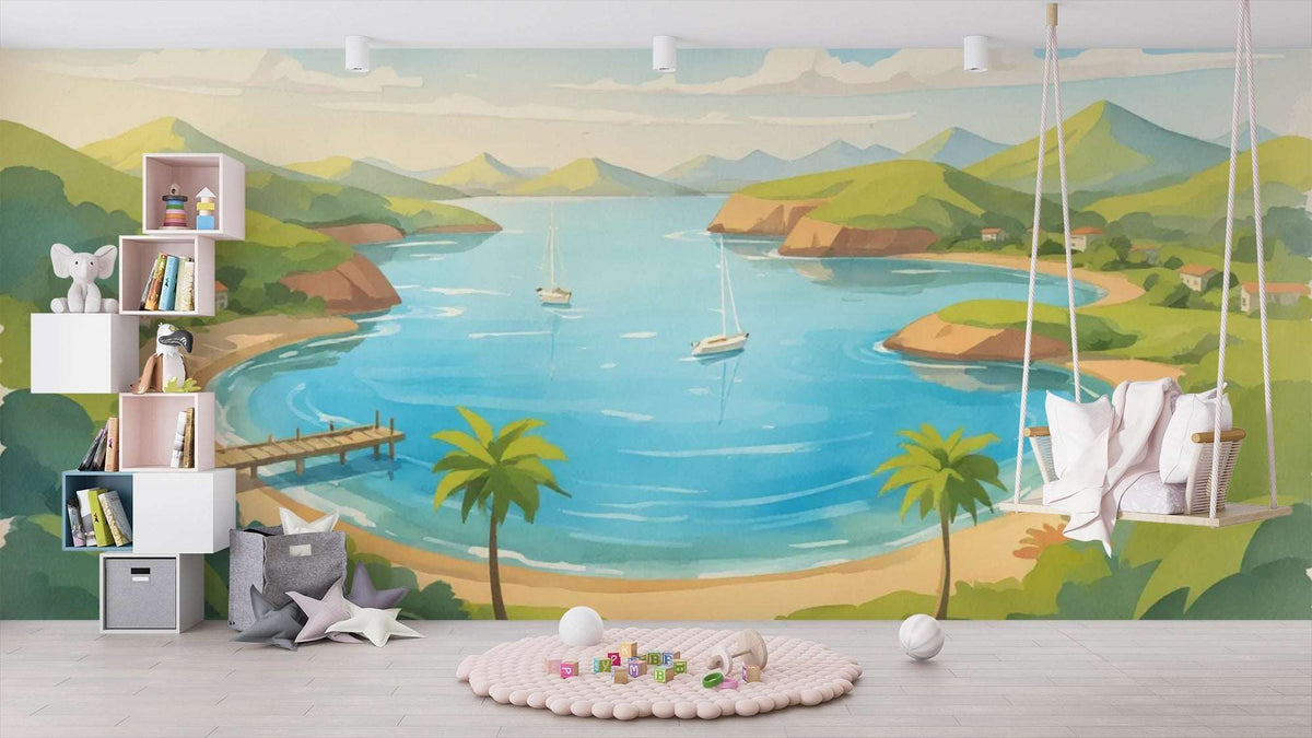 Coastal Escape Wall Mural for Kids - Sunny Bay Watercolor Mural Wallpaper
