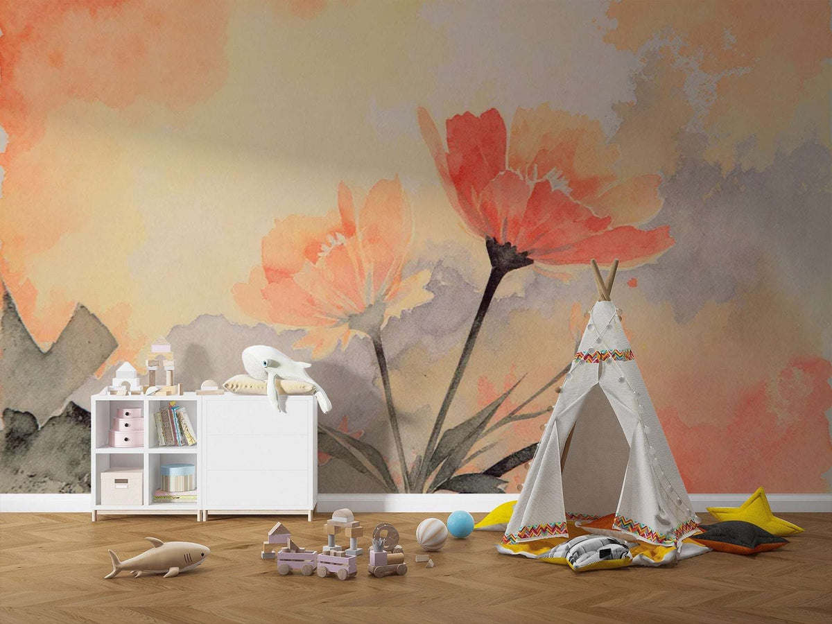 Watercolor Floral Wall Mural – Peach Orange Flower Peel and Stick Wallpaper