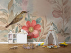 Watercolor Bird Floral Wallpaper, Nursery Mural, Removable Self-Adhesive Wall Decal