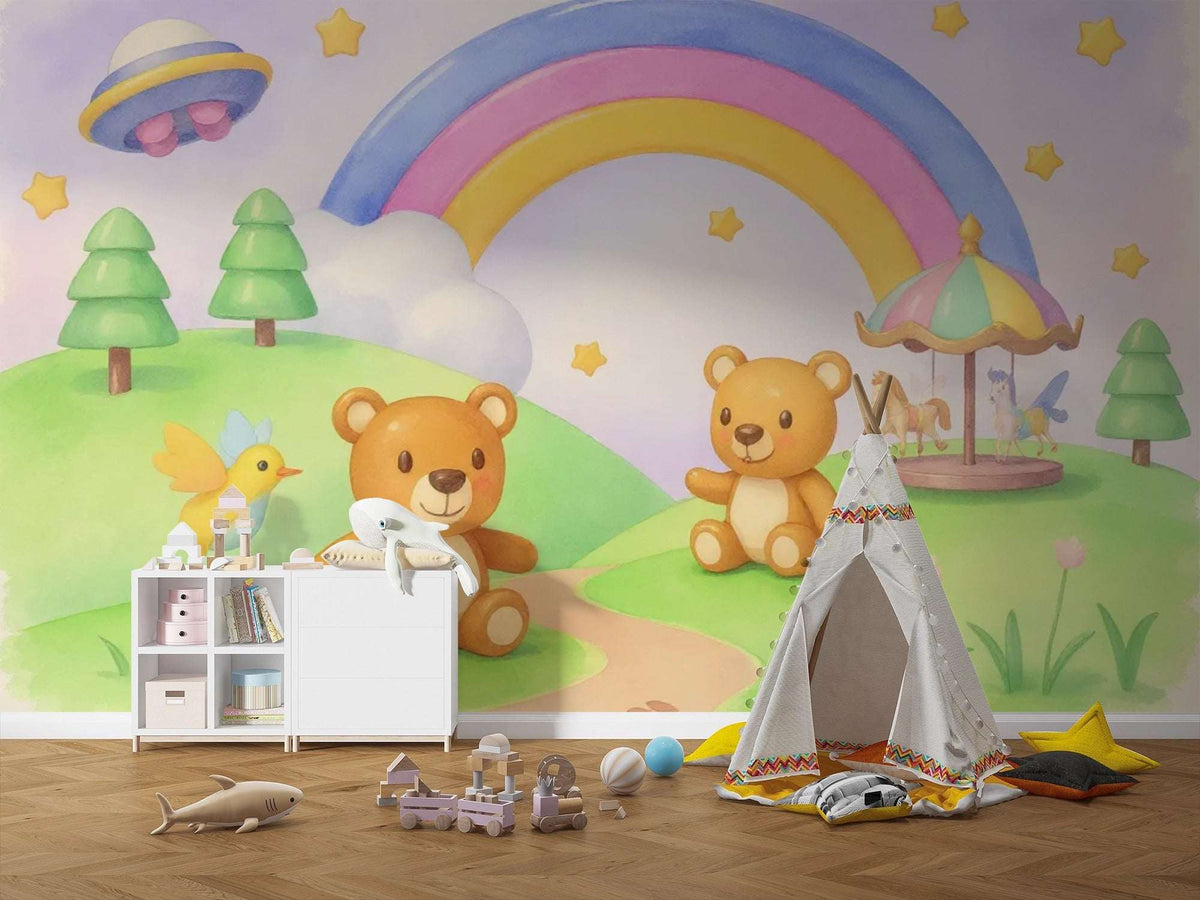 Teddy Bear Adventure Wall Mural - Peel and Stick Wallpaper for Nursery & Kids Room Decor