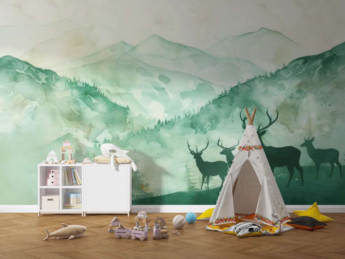 Watercolor Forest & Deer Wallpaper - Green Mountains Forest Wall Mural