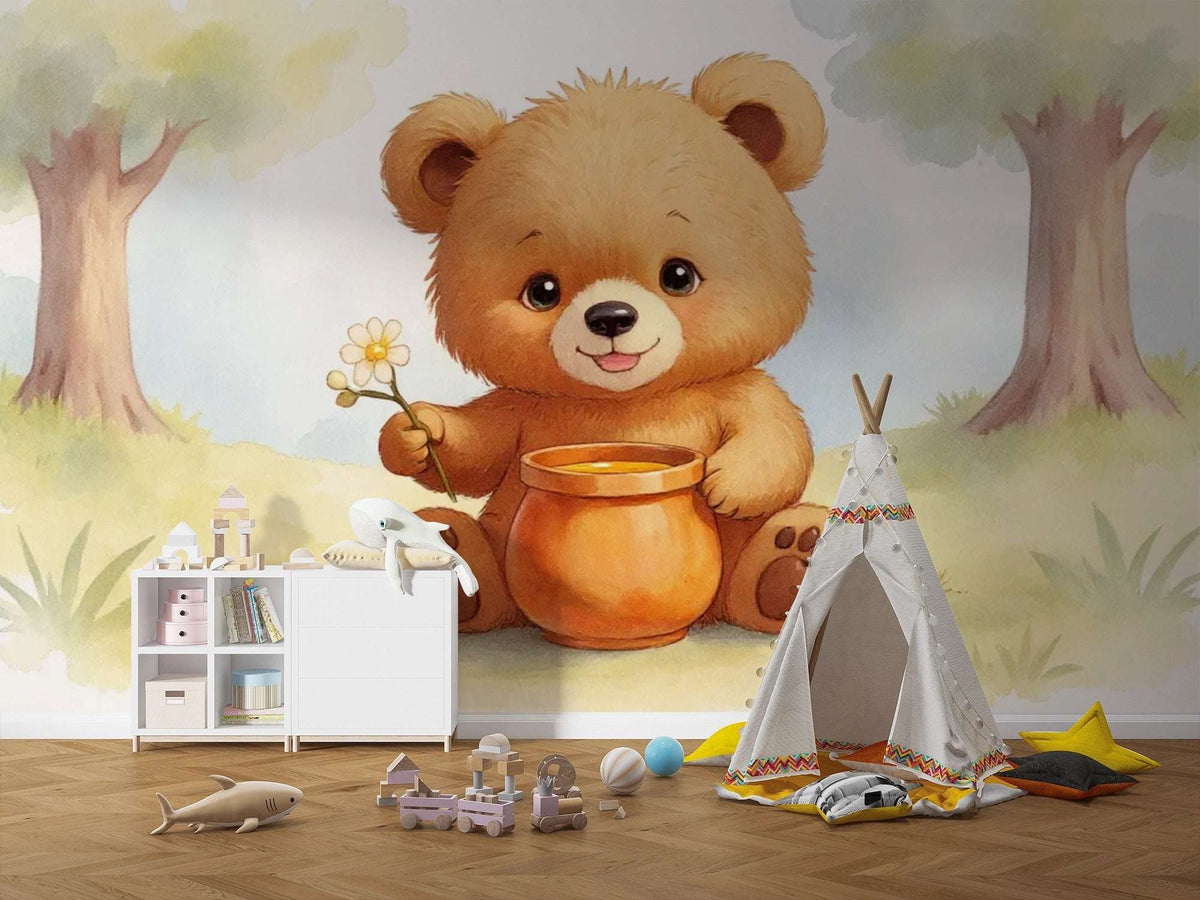 Cute Teddy Bear with Honey Pot Wall Mural - Sweet Teddy Bear Nursery Wallpaper
