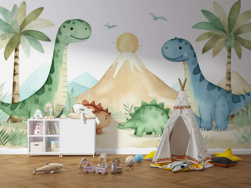 Watercolor Dinosaur Nursery Wallpaper - Friendly Dino Land Wallpaper